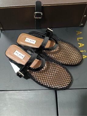 Alaïa Black Fishnet Mesh Mary Jane Mule Slides